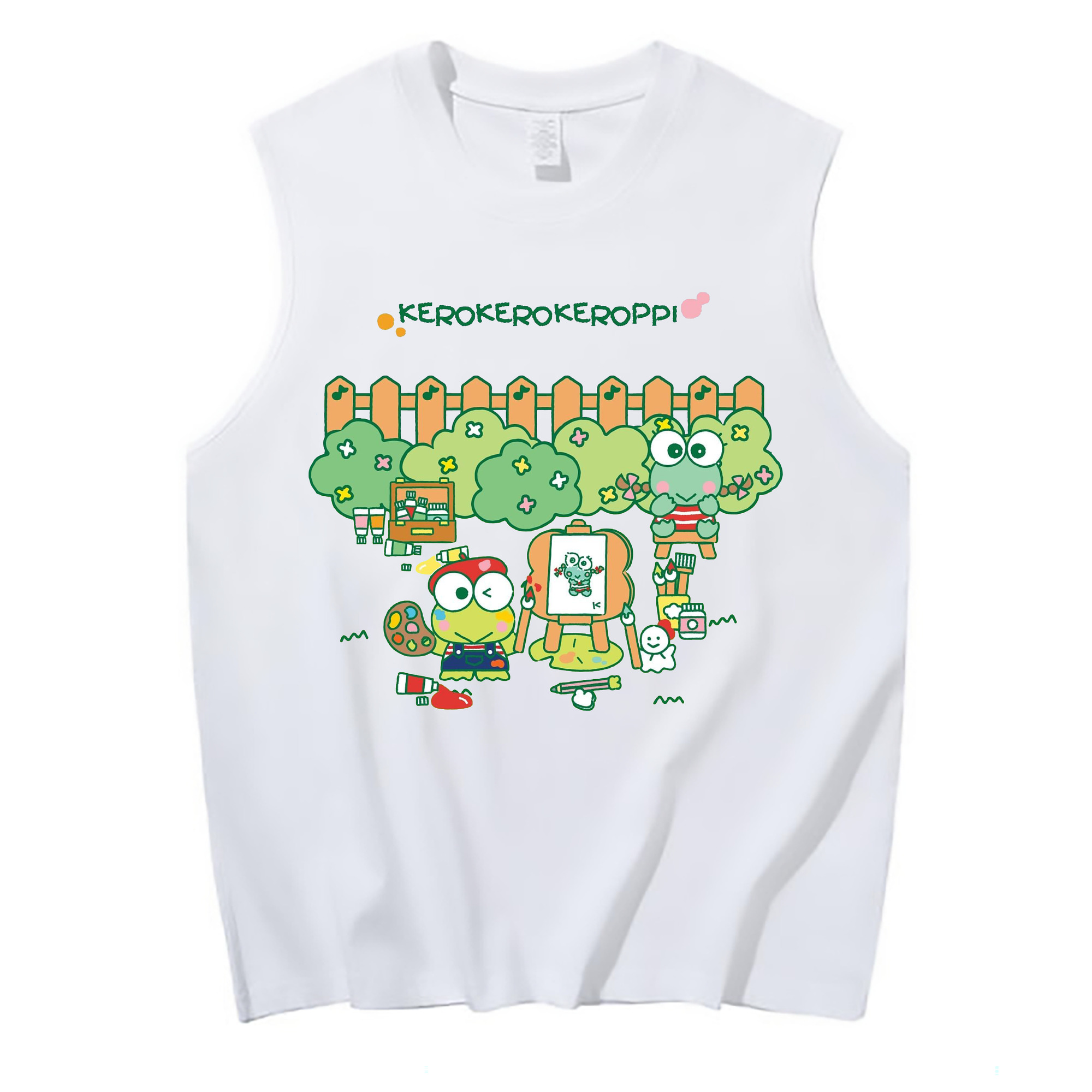 とってもキュートなけろけろけろっぴ - コットン100％ タンクトップ ・ フロントプリント ・ タイトフィット ・ 快適 通気性 ・ スポーツ カジュアル 散歩用