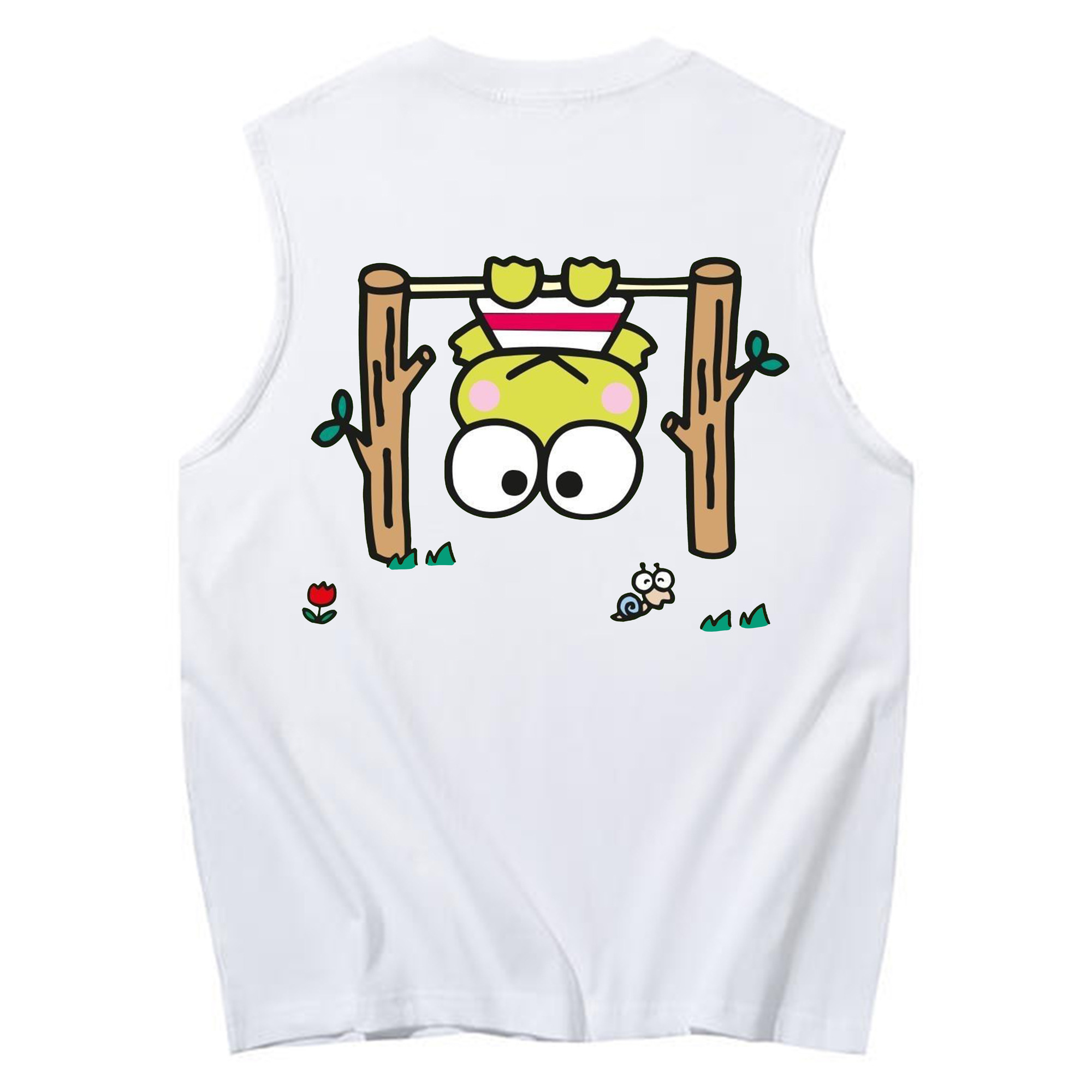 とってもキュートなけろけろけろっぴ - コットン100％ タンクトップ ・ 背面プリント ・ タイトシルエット ・ 快適 通気性 ・ スポーツ カジュアル 散歩用