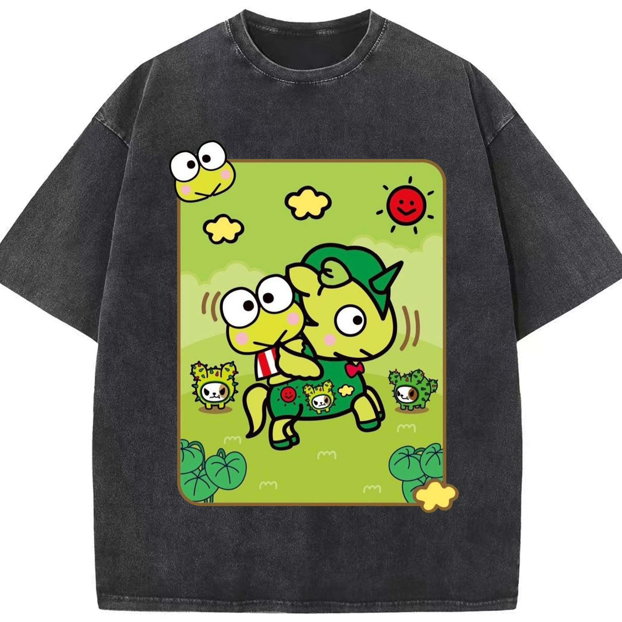 かわいいけろけろけろっぴ - 綿100％ ヴィンテージ風 半袖Tシャツ ・ フロントプリント ・ 柔らか肌触り ・ 通気性 快適 ・ スポーツ カジュアル 外出用