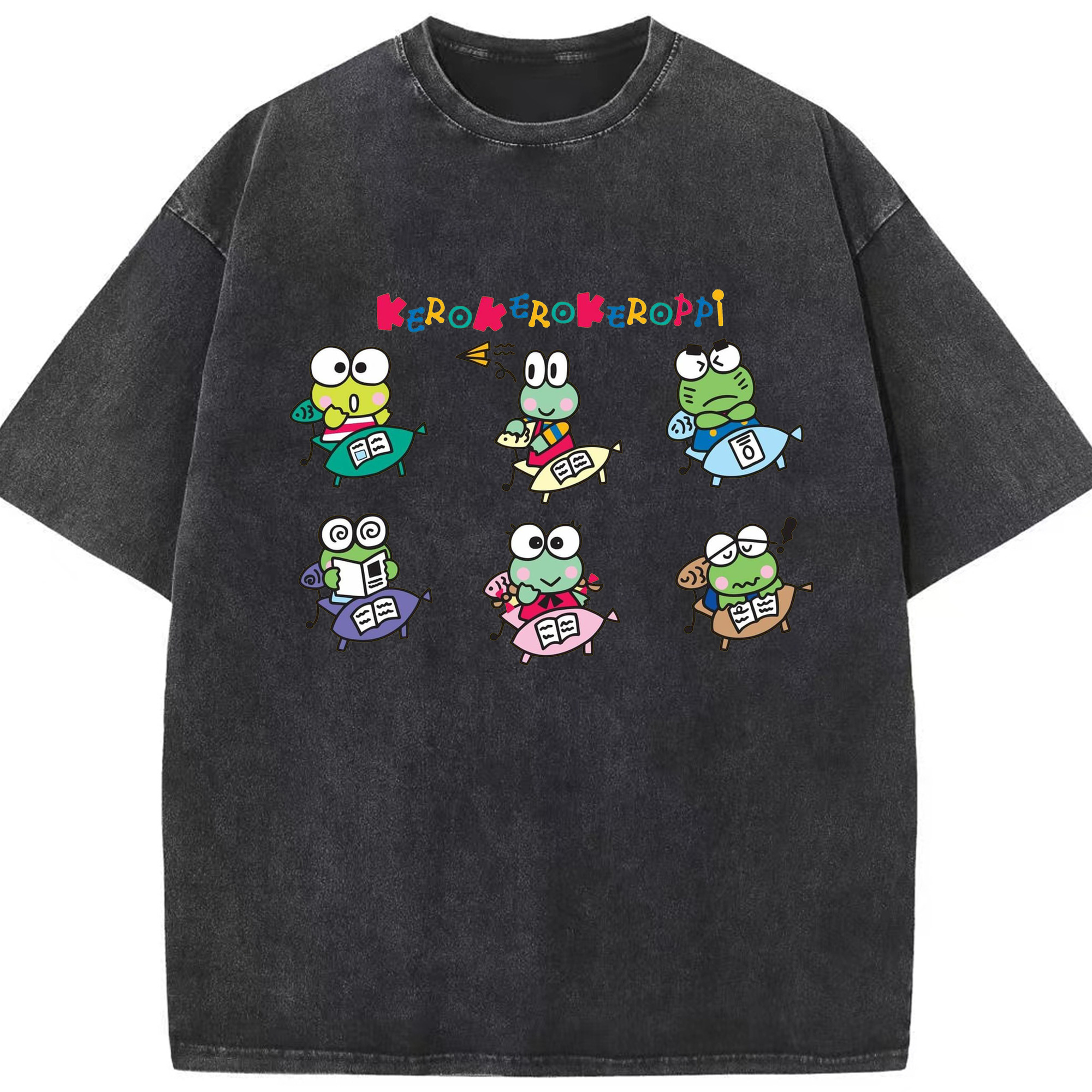 けろけろけろっぴがいっぱい♪ - 綿100％ ヴィンテージ風 半袖Tシャツ ・ フロントプリント ・ 柔らか肌触り ・ 通気性 快適 ・ スポーツ カジュアル 外出用