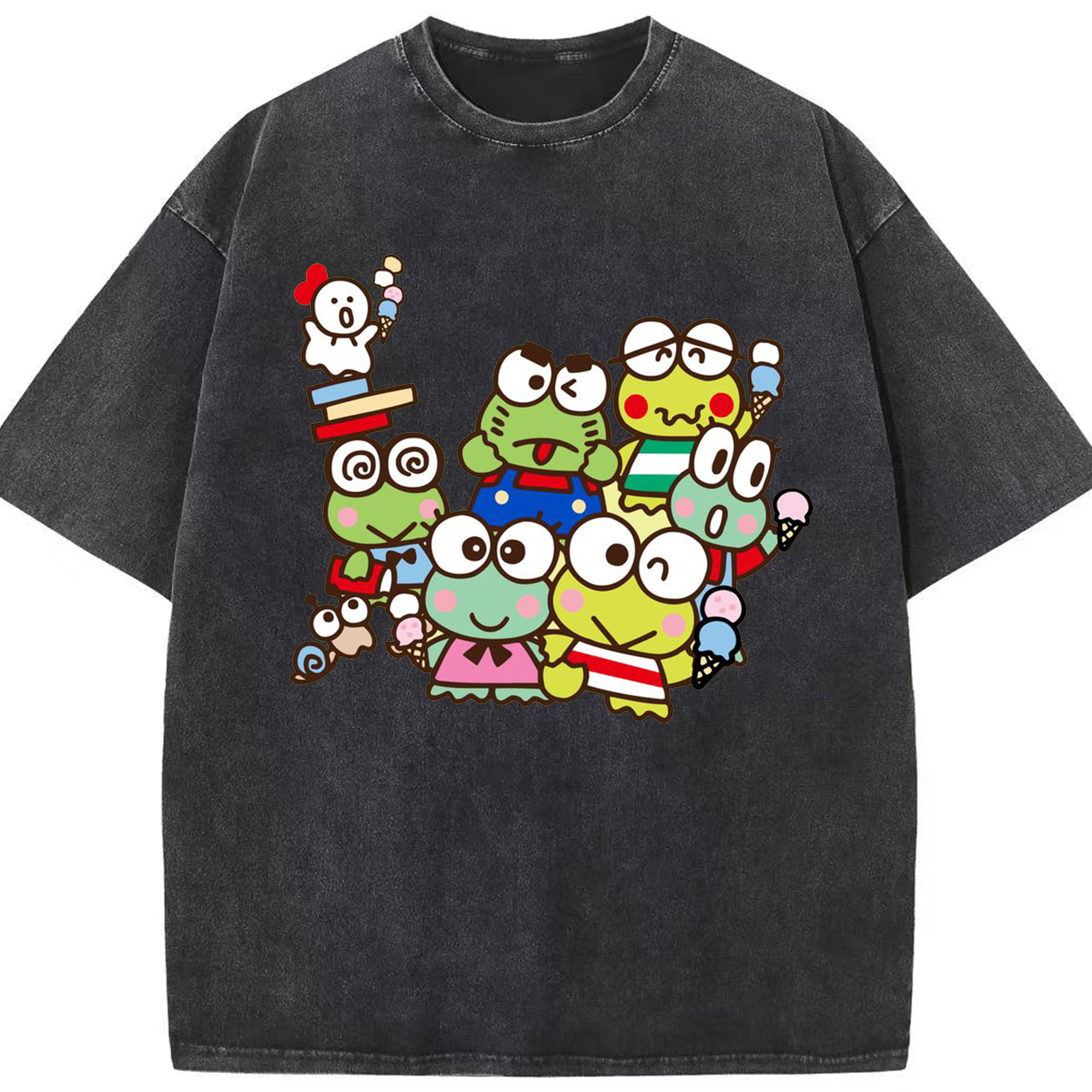 とってもキュートなけろけろけろっぴ - 綿100％ ヴィンテージ風 半袖Tシャツ ・ フロントプリント ・ 柔らか肌触り ・ 通気性 快適 ・ スポーツ カジュアル 外出用