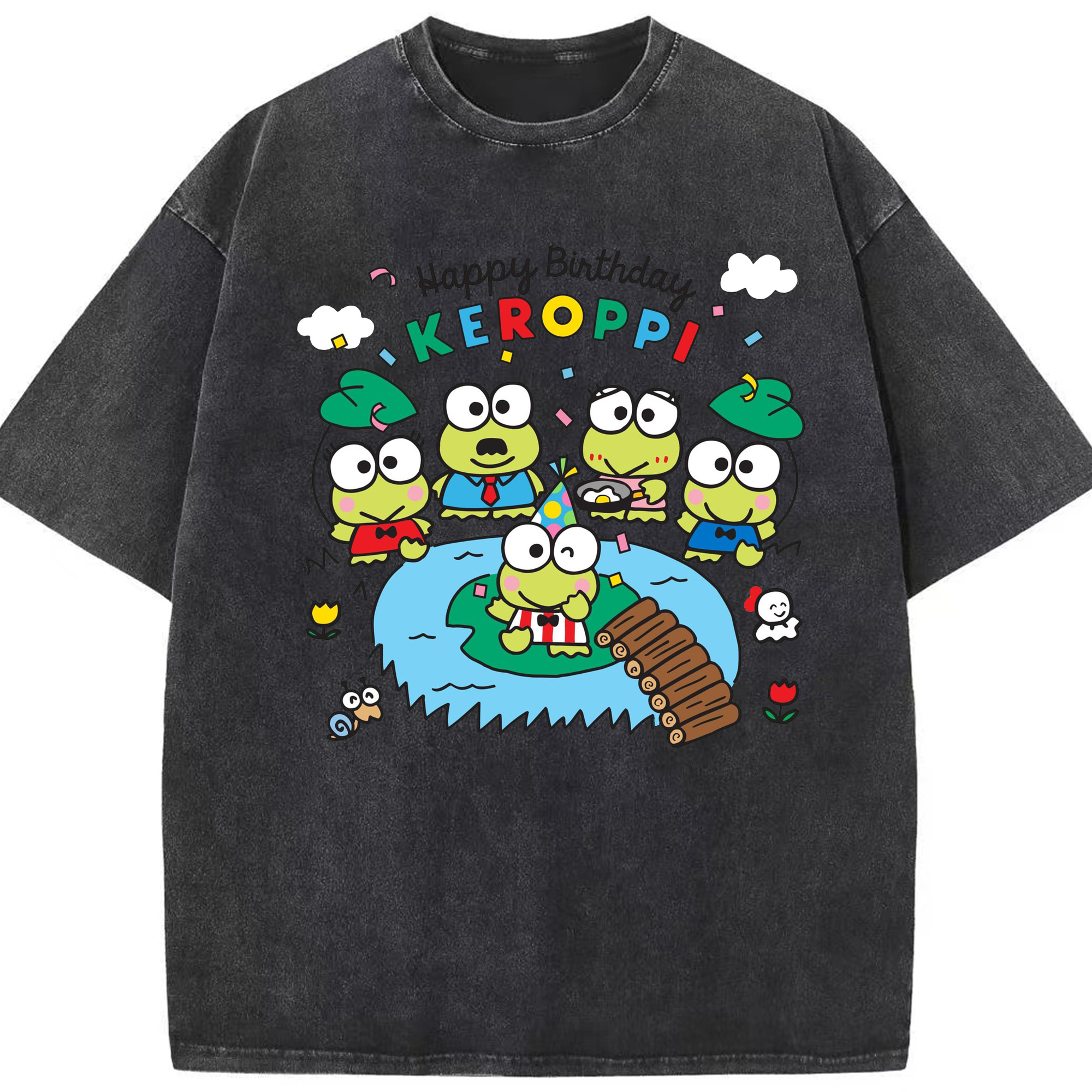 けろけろけろっぴがいっぱい♪ - 綿100％ ヴィンテージ風 半袖Tシャツ ・ フロントプリント ・ 柔らか肌触り ・ 通気性 快適 ・ スポーツ カジュアル 外出用